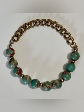 Bloodstone Gemstone Gold Tone Chain Artisan Bracelet Size 7.5